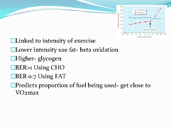 �Linked to intensity of exercise �Lower intensity use fat- beta oxidation �Higher- glycogen �RER>1