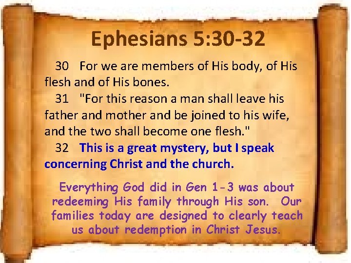 Ephesians 5: 30 -32 30 For we are members of His body, of His