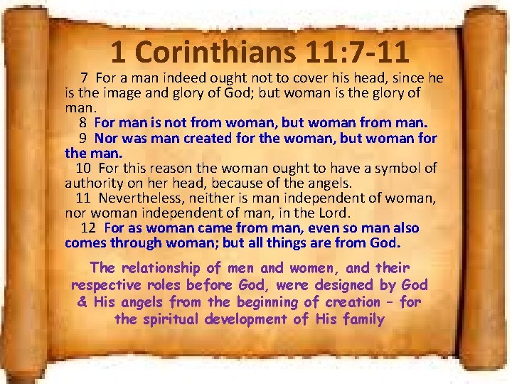 1 Corinthians 11: 7 -11 7 For a man indeed ought not to cover