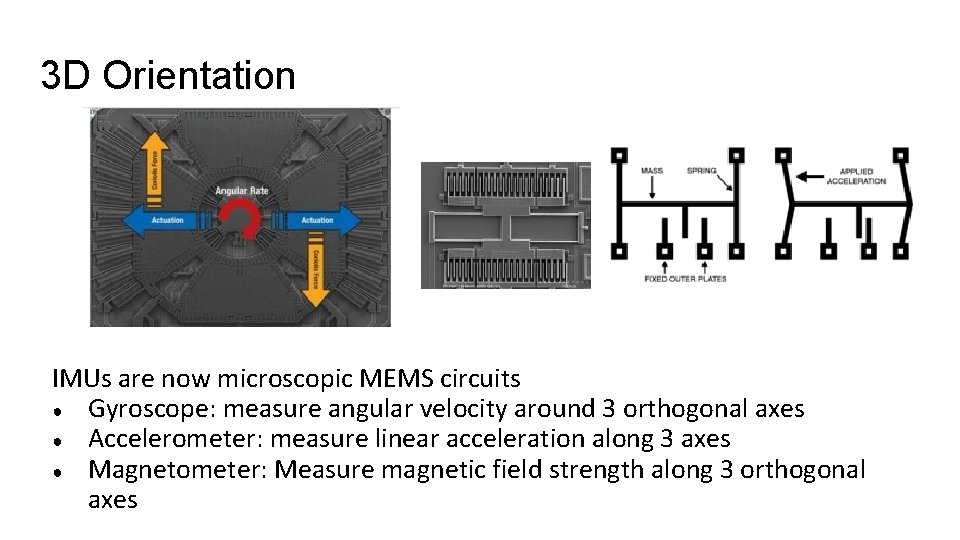 3 D Orientation IMUs are now microscopic MEMS circuits ● Gyroscope: measure angular velocity