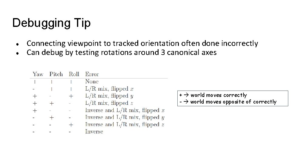 Debugging Tip ● ● Connecting viewpoint to tracked orientation often done incorrectly Can debug