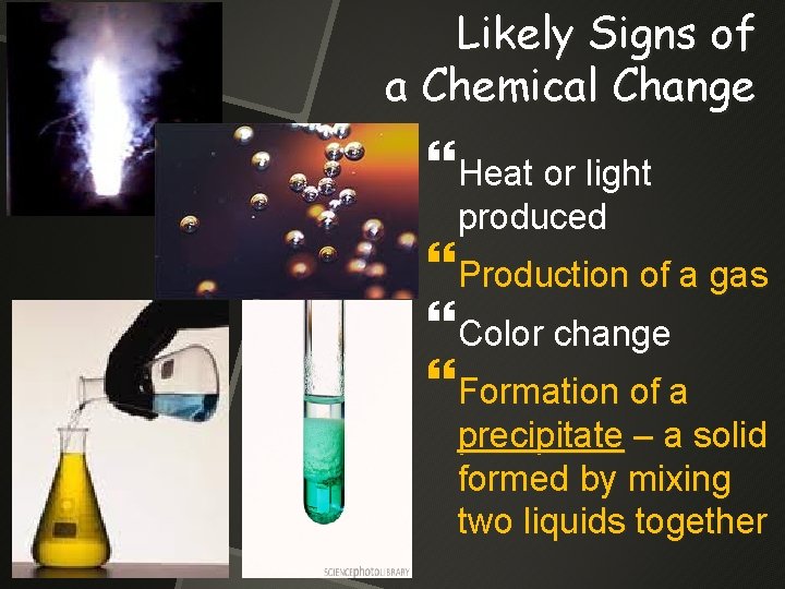 Likely Signs of a Chemical Change Heat or light produced Production of a gas