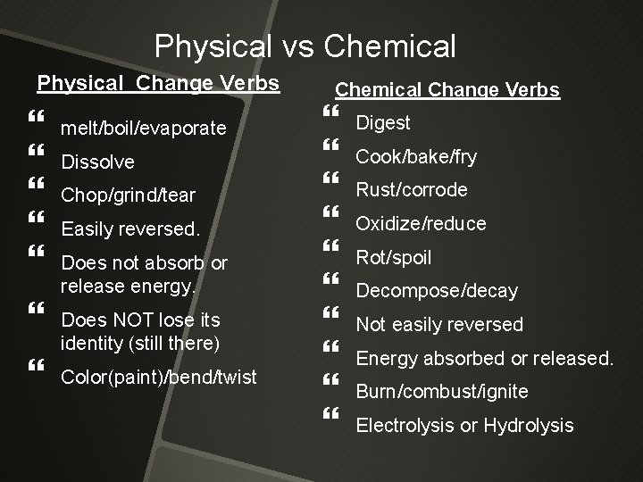 Physical vs Chemical Physical Change Verbs melt/boil/evaporate Dissolve Chop/grind/tear Easily reversed. Does not absorb