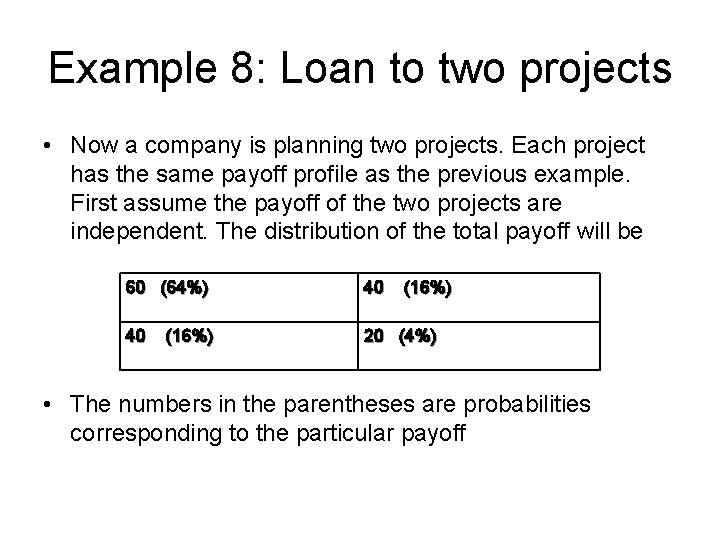 Example 8: Loan to two projects • Now a company is planning two projects.
