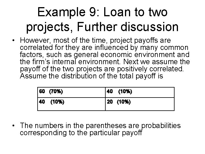 Example 9: Loan to two projects, Further discussion • However, most of the time,