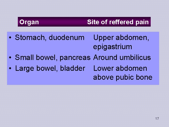 Organ Site of reffered pain • Stomach, duodenum Upper abdomen, epigastrium • Small bowel,