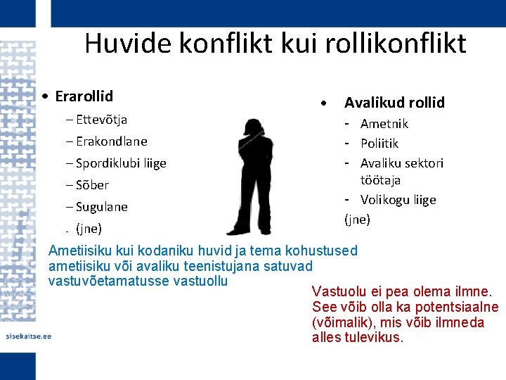 Huvide konflikt kui rollikonflikt • Erarollid – Ettevõtja – Erakondlane – Spordiklubi liige –