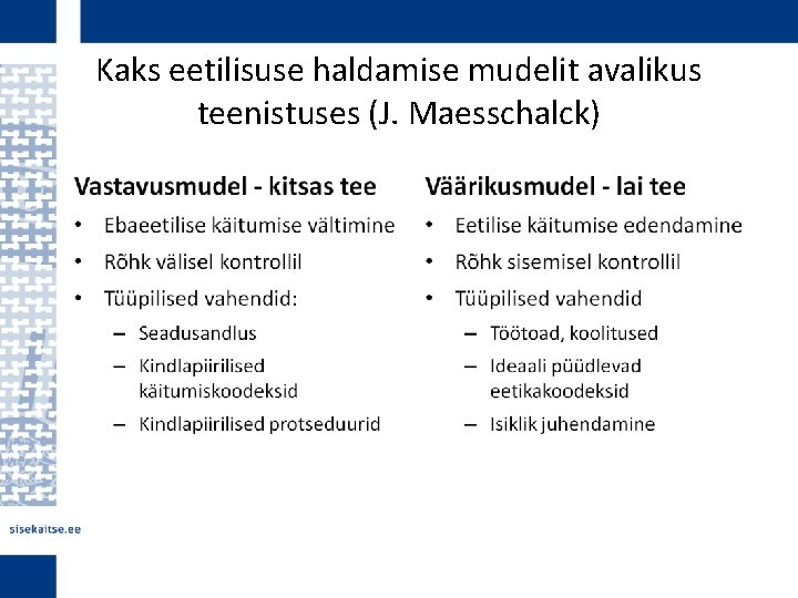 Kaks eetilisuse haldamise mudelit avalikus teenistuses (J. Maesschalck) 