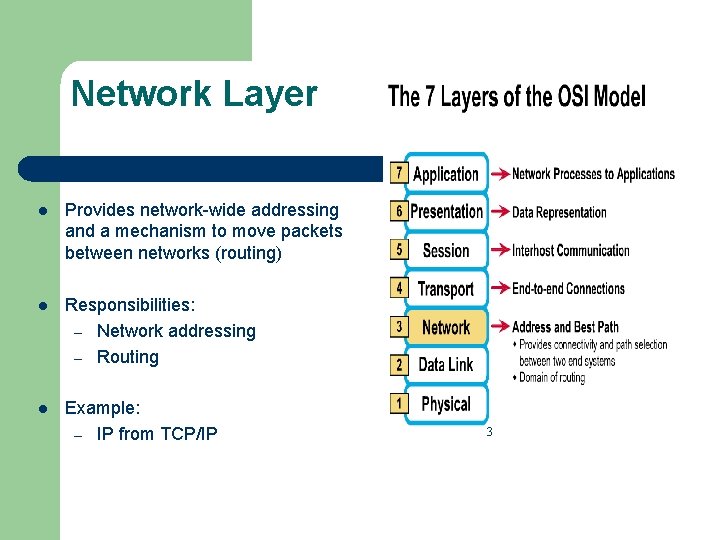 Network Layer l Provides network-wide addressing and a mechanism to move packets between networks