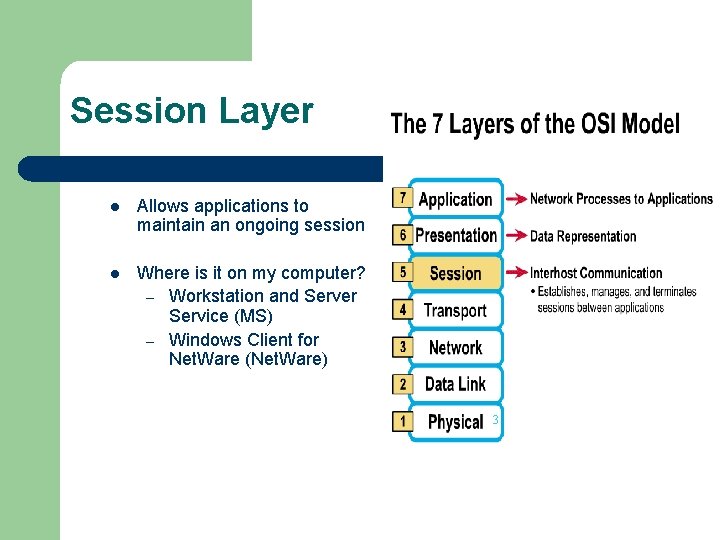 Session Layer l Allows applications to maintain an ongoing session l Where is it