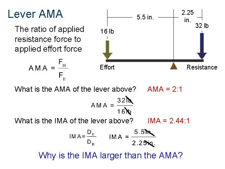 Lever AMA The ratio of applied resistance force to applied effort force 5. 5