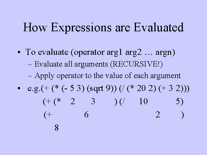 How Expressions are Evaluated • To evaluate (operator arg 1 arg 2 … argn)