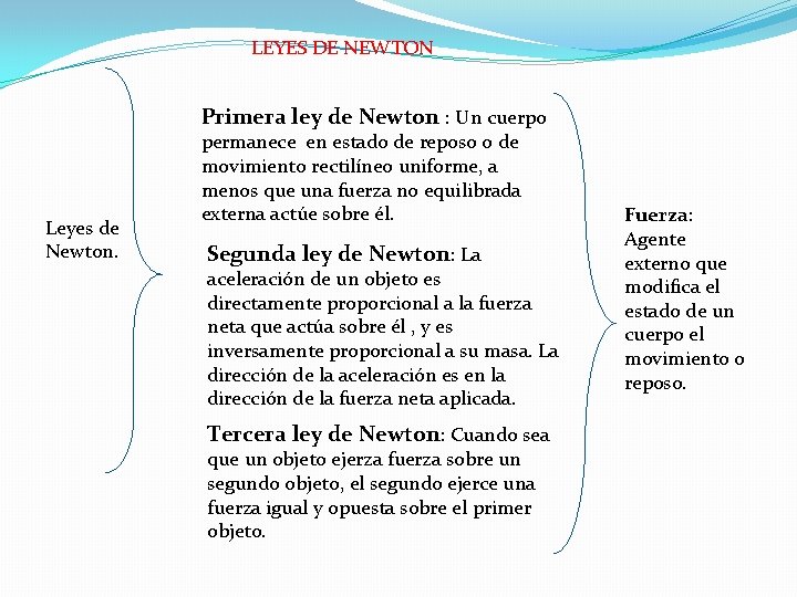 LEYES DE NEWTON Primera ley de Newton : Un cuerpo Leyes de Newton. permanece