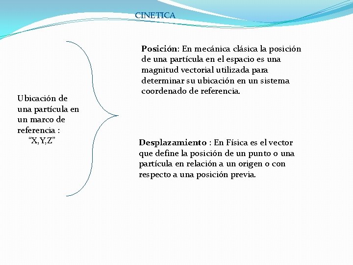 CINETICA Ubicación de una partícula en un marco de referencia : “X, Y, Z”