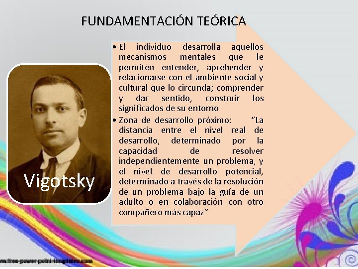 FUNDAMENTACIÓN TEÓRICA Vigotsky • El individuo desarrolla aquellos mecanismos mentales que le permiten entender,