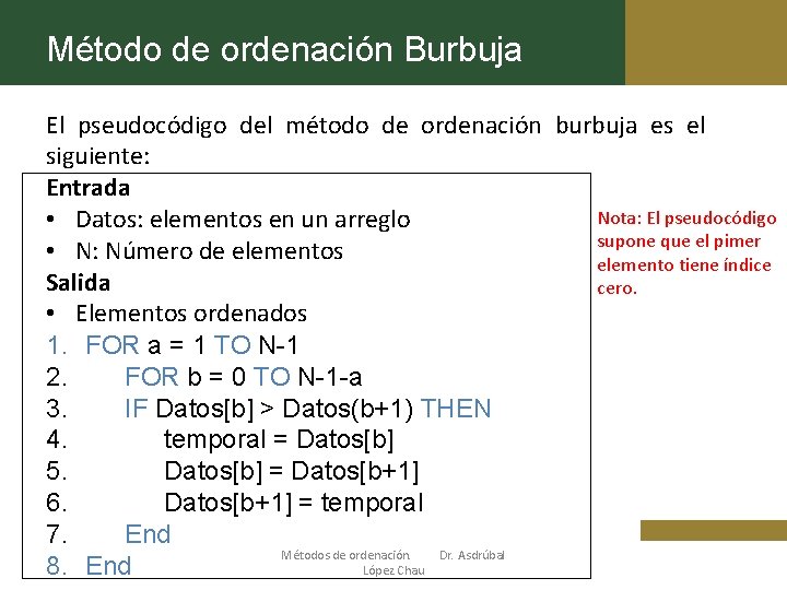 Método de ordenación Burbuja El pseudocódigo del método de ordenación burbuja es el siguiente: