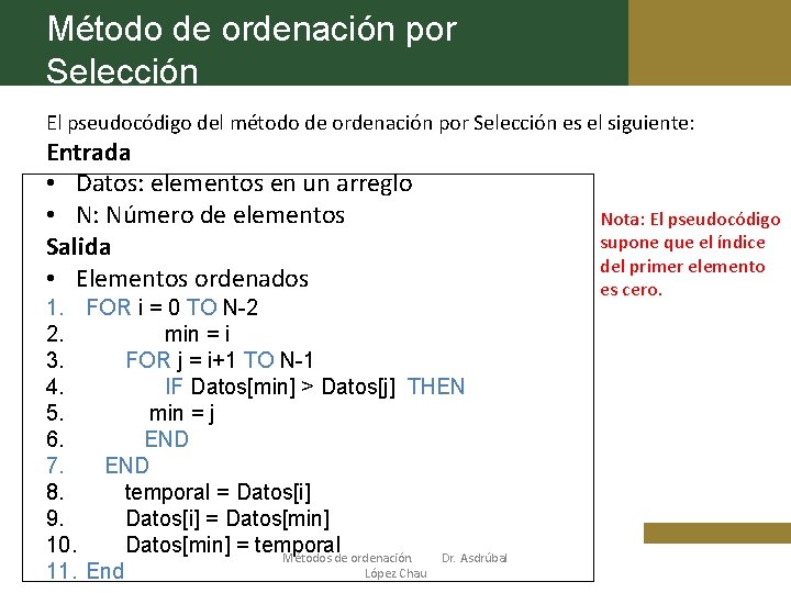 Método de ordenación por Selección El pseudocódigo del método de ordenación por Selección es