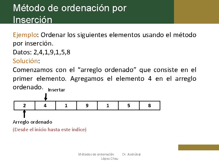 Método de ordenación por Inserción Ejemplo: Ordenar los siguientes elementos usando el método por