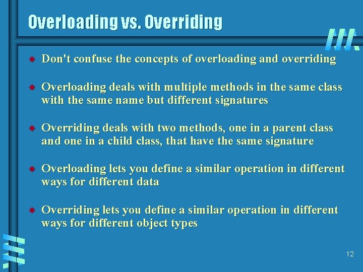 Overloading vs. Overriding Don't confuse the concepts of overloading and overriding Overloading deals with