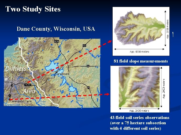 Two Study Sites Dane County, Wisconsin, USA 81 field slope measurements 43 field soil