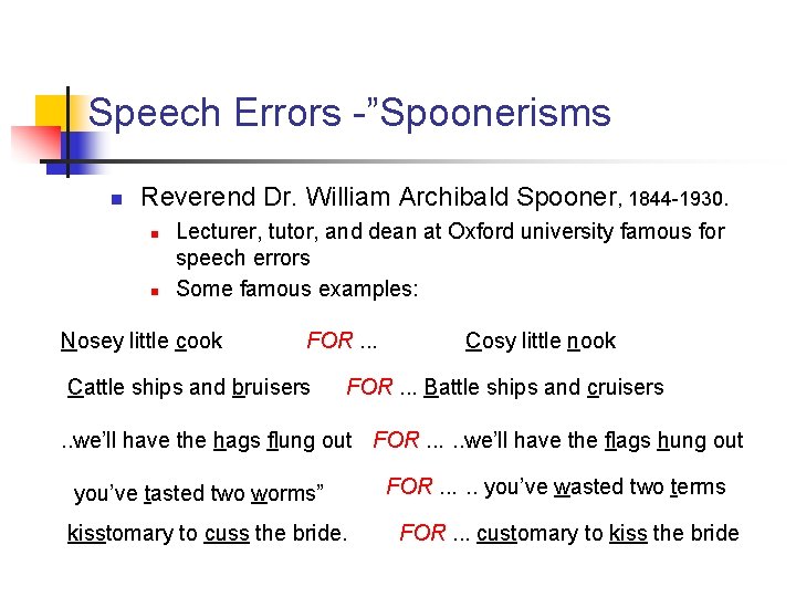 Speech Errors -”Spoonerisms n Reverend Dr. William Archibald Spooner, 1844 -1930. n n Lecturer,