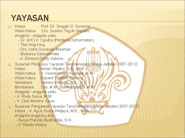 YAYASAN Ketua : Prof. Dr. Singgih D. Gunarsa Wakil Ketua : Drs. Susikto Teguh