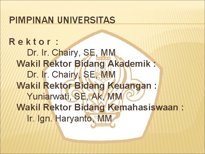 PIMPINAN UNIVERSITAS Rektor : Dr. Ir. Chairy, SE, MM Wakil Rektor Bidang Akademik :