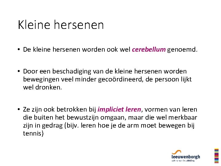 Kleine hersenen • De kleine hersenen worden ook wel cerebellum genoemd. • Door een