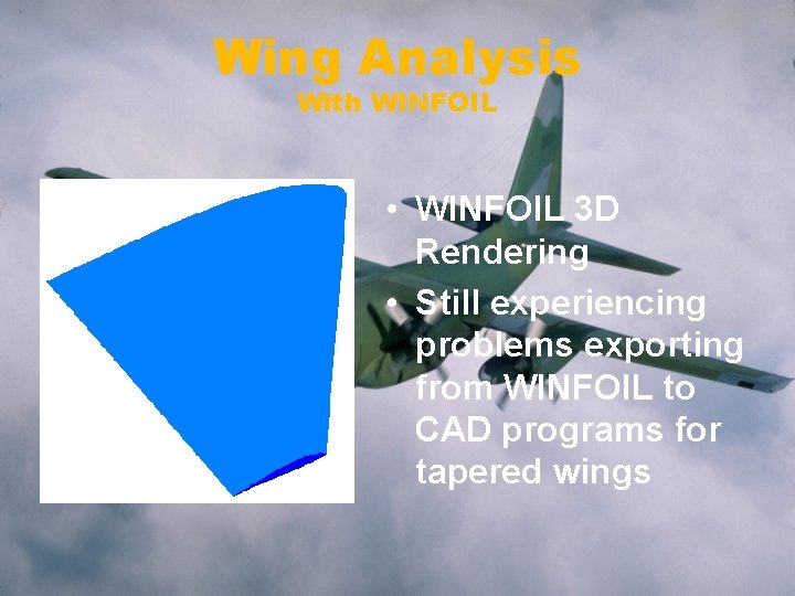 Wing Analysis With WINFOIL • WINFOIL 3 D Rendering • Still experiencing problems exporting