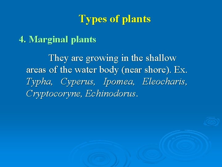 Types of plants 4. Marginal plants They are growing in the shallow areas of