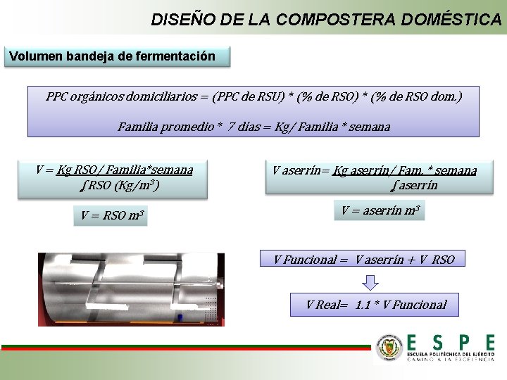 DISEÑO DE LA COMPOSTERA DOMÉSTICA Volumen bandeja de fermentación PPC orgánicos domiciliarios = (PPC