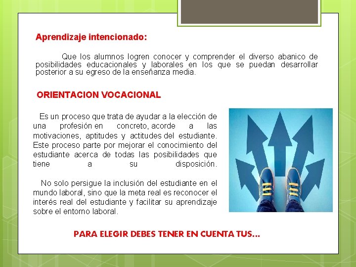 Aprendizaje intencionado: Que los alumnos logren conocer y comprender el diverso abanico de posibilidades