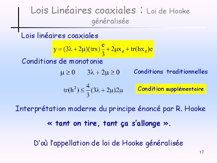 Lois Linéaires coaxiales généralisée : Loi de Hooke Lois linéaires coaxiales Conditions de monotonie