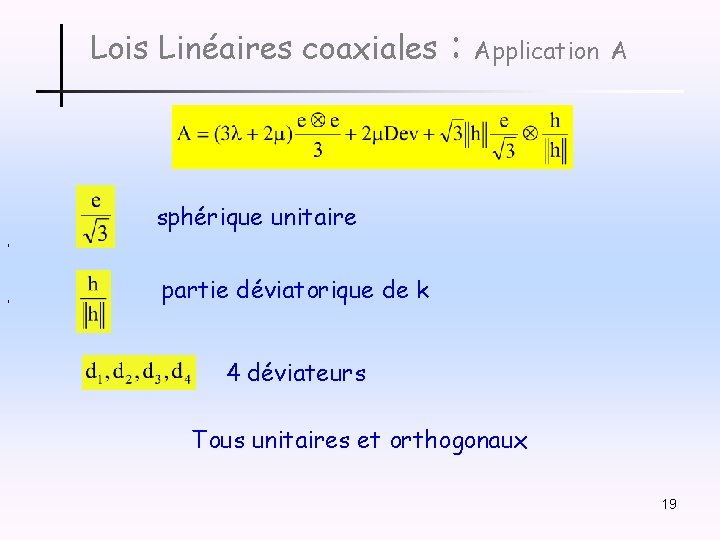 Lois Linéaires coaxiales : Application A sphérique unitaire , , partie déviatorique de k