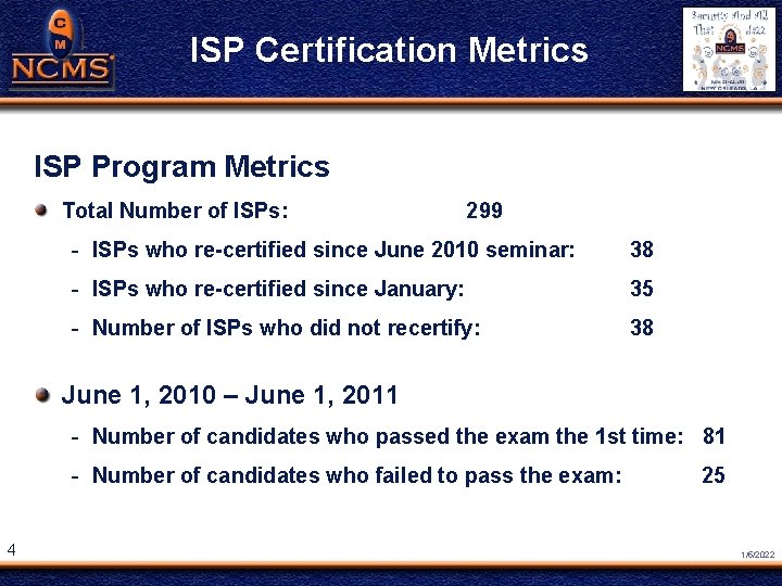 NCMS Society Award ® ISP Certification Metrics ISP Program Metrics Total Number of ISPs: