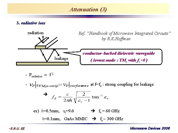 Attenuation (3) 3. radiative loss radiation Ref. ”Handbook of Microwave Integrated Circuits” by R.