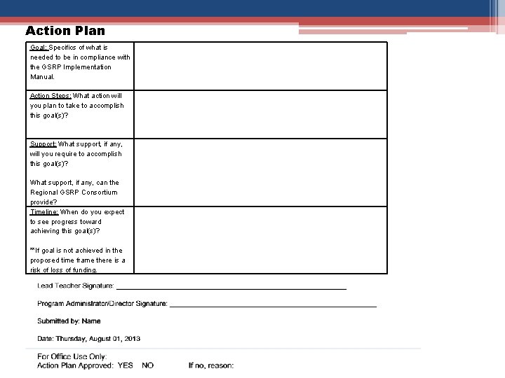 Action Plan Goal: Specifics of what is needed to be in compliance with the Action Plan Goal: Specifics of what is needed to be in compliance with the
