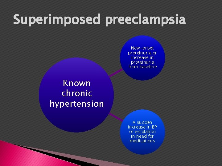 Superimposed preeclampsia New-onset proteinuria or increase in proteinuria from baseline Known chronic hypertension A