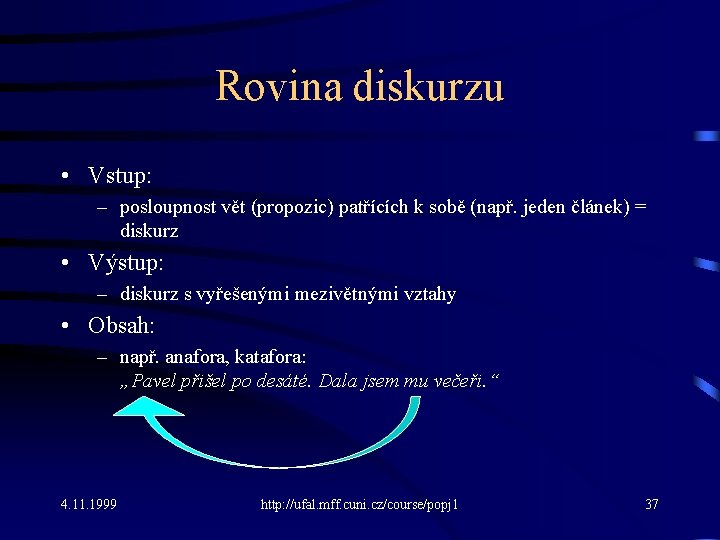 Rovina diskurzu • Vstup: – posloupnost vět (propozic) patřících k sobě (např. jeden článek)