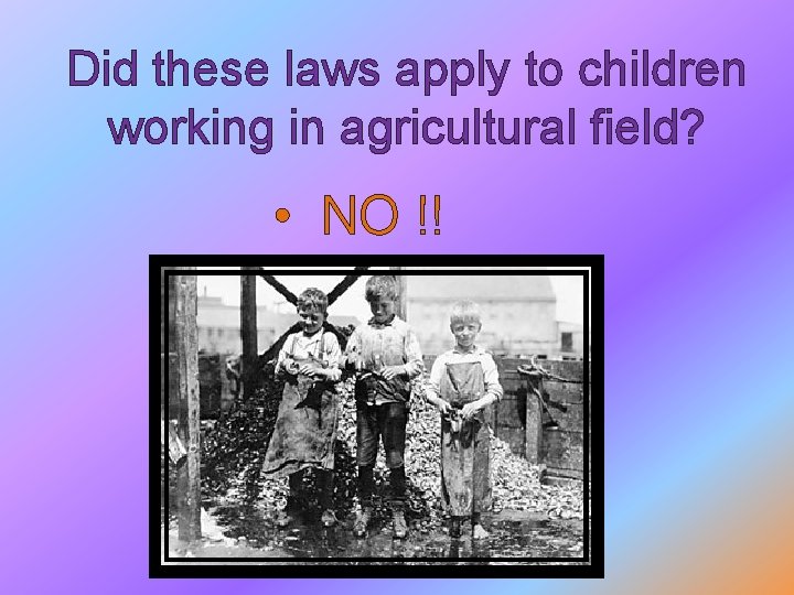 Did these laws apply to children working in agricultural field? • NO !! 