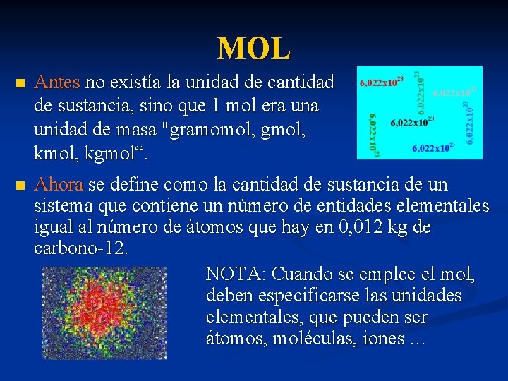 MOL n Antes no existía la unidad de cantidad de sustancia, sino que 1