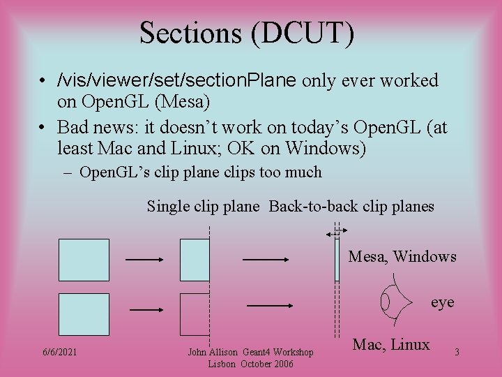 Sections (DCUT) • /vis/viewer/set/section. Plane only ever worked on Open. GL (Mesa) • Bad