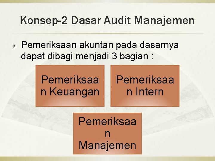 Konsep-2 Dasar Audit Manajemen ß Pemeriksaan akuntan pada dasarnya dapat dibagi menjadi 3 bagian