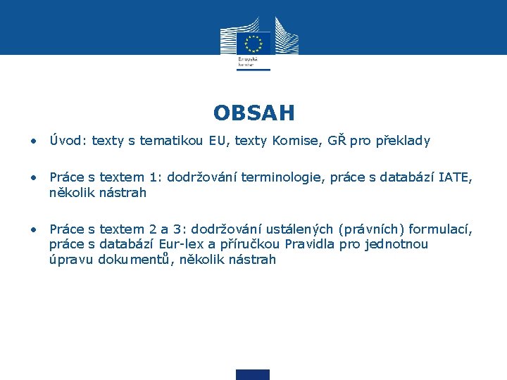 OBSAH • Úvod: texty s tematikou EU, texty Komise, GŘ pro překlady • Práce