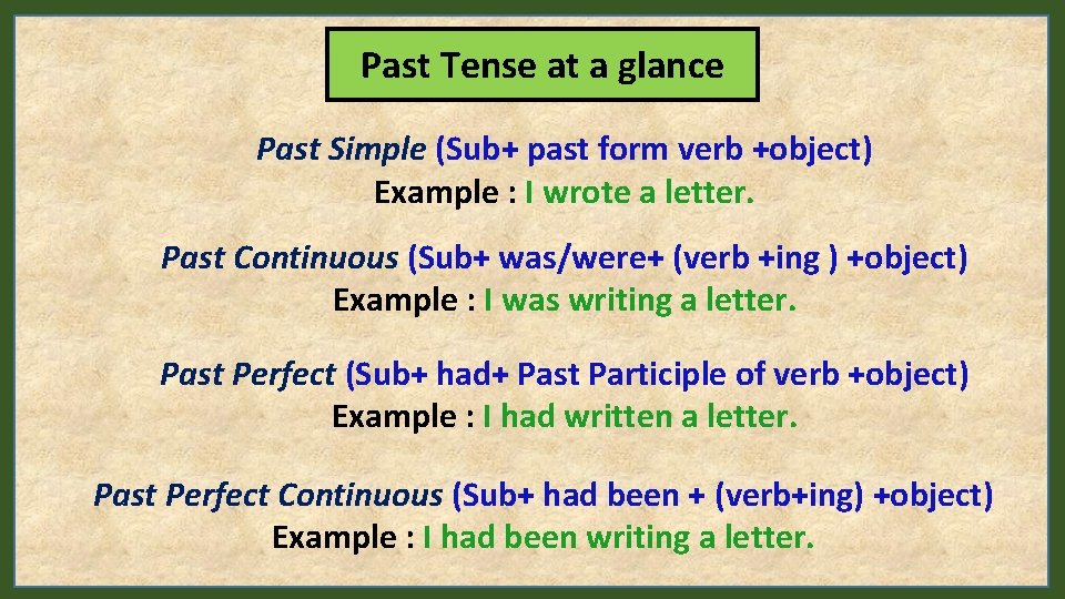 Past Tense at a glance Past Simple (Sub+ past form verb +object) Example :