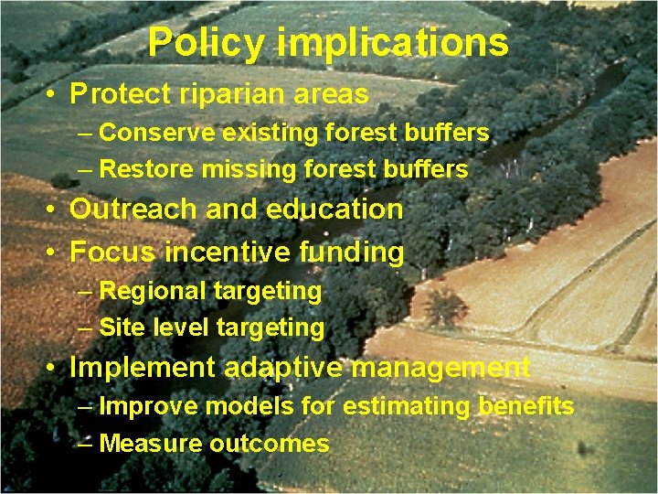 Policy implications • Protect riparian areas – Conserve existing forest buffers – Restore missing