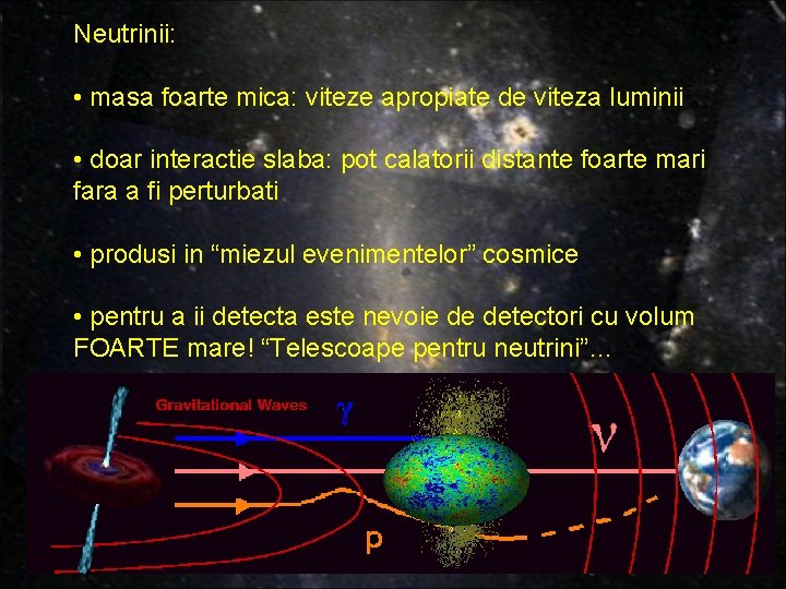 Neutrinii: • masa foarte mica: viteze apropiate de viteza luminii • doar interactie slaba: Neutrinii: • masa foarte mica: viteze apropiate de viteza luminii • doar interactie slaba:
