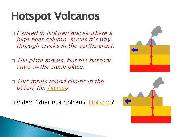 Hotspot Volcanos � Caused in isolated places where a high heat column forces it’s