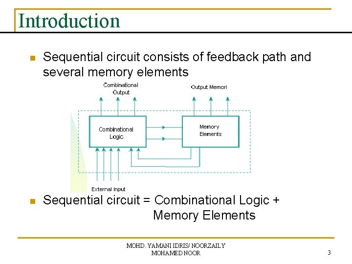 Introduction n Sequential circuit consists of feedback path and several memory elements n Sequential