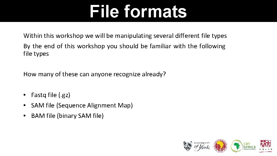 File formats Within this workshop we will be manipulating several different file types By
